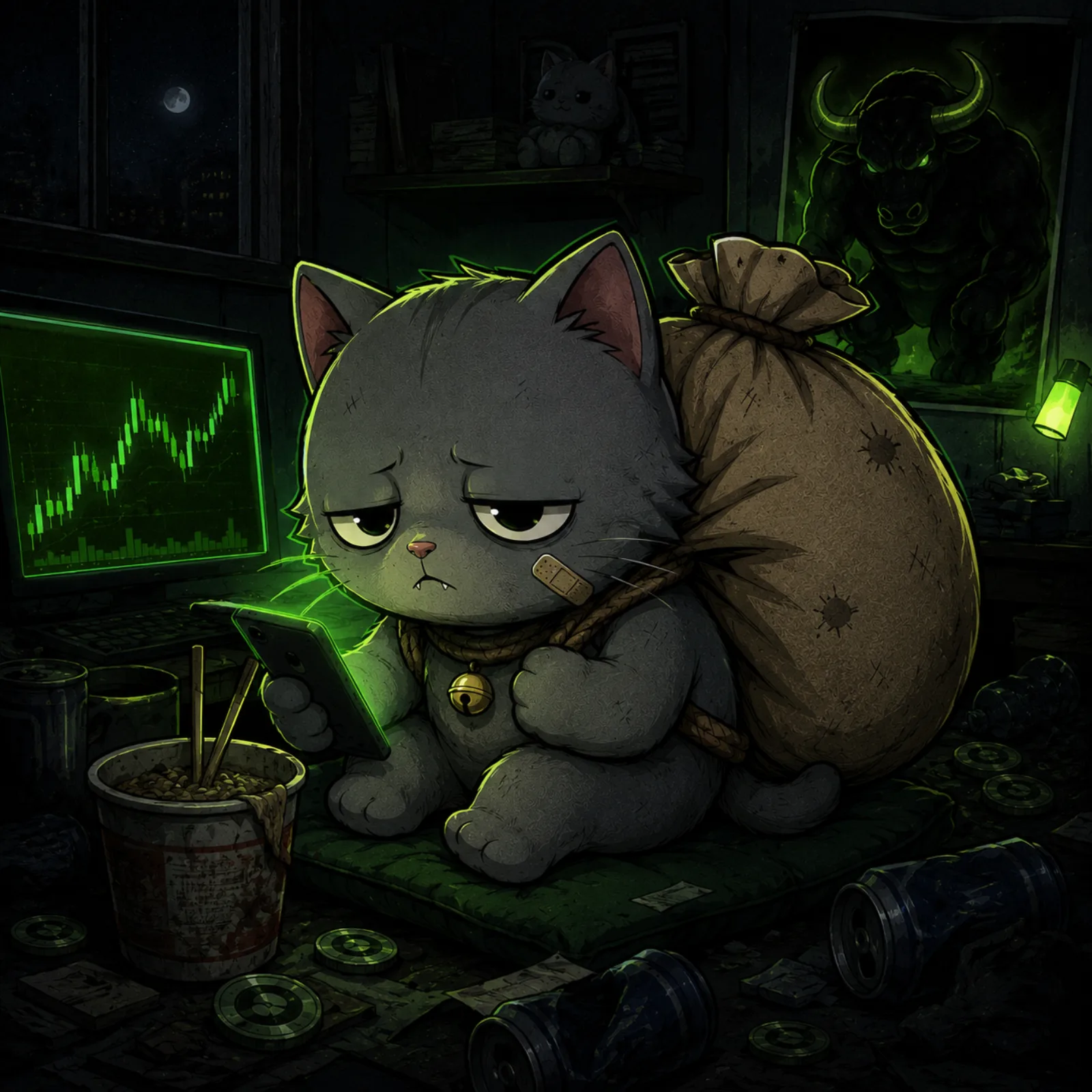 Bag Cat awake at night with his phone, cold noodles and a bull poster on the wall