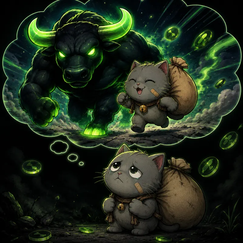 Bag Cat in tears beneath the dream of the bull