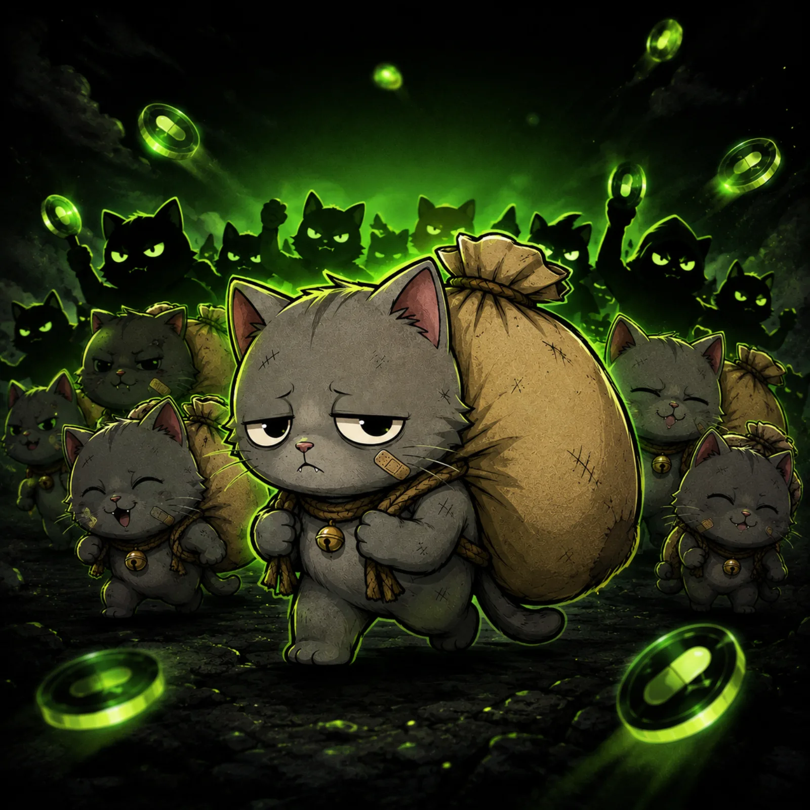 An army of Bag Cats marching together, each carrying a bag